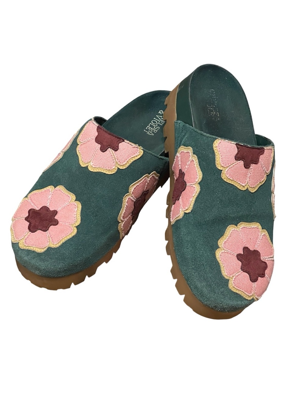Chelsea & Violet Floral Patchwork Suede Platform Mule Clog Green Pink 6.5 Boho